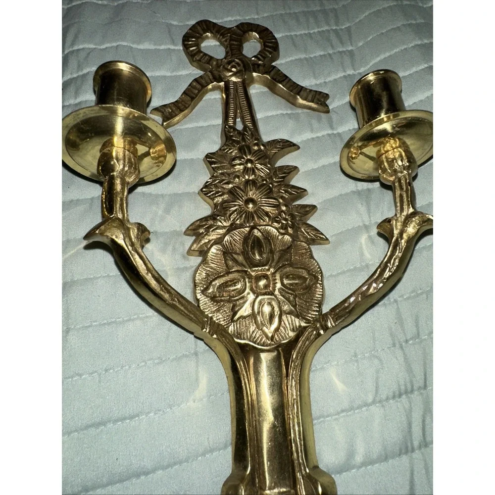 Brass Wall Sconces Pair Decorative Candle Holders with Floral and Bow Design
